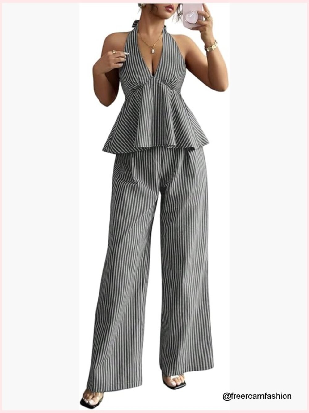 Striped Backless Ruffle Halter Peplum Top & Wide Leg Pants Set